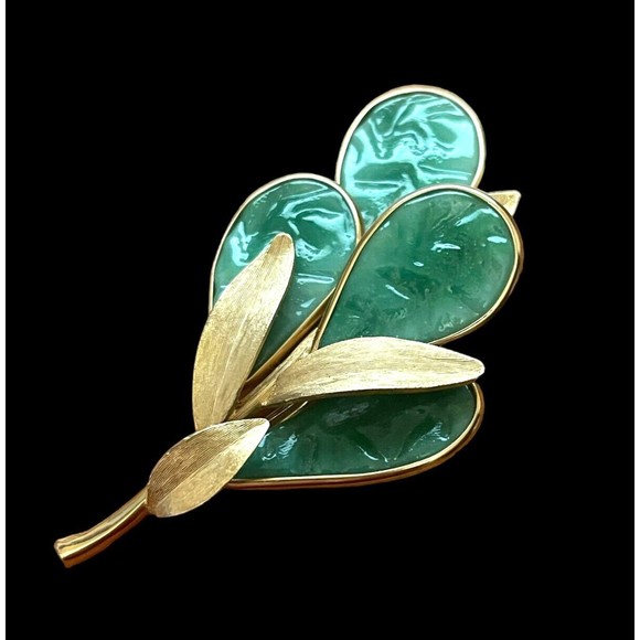 Vintage French Gripoix Brooch Mid Century Estate Poured Glass Leaves Iridescent - Picture 5 of 8